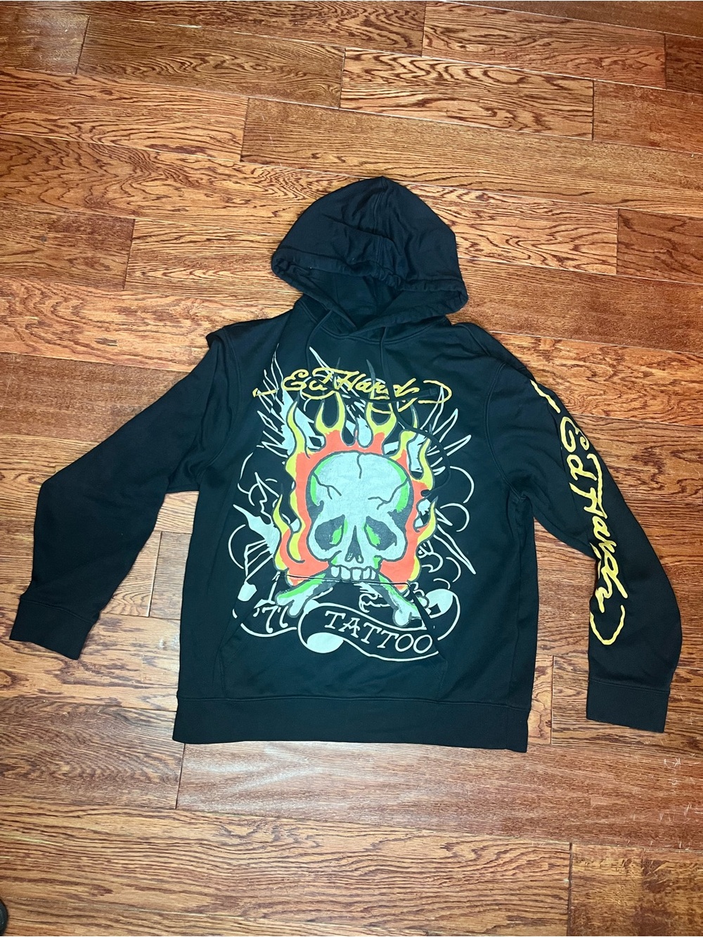 Ed Hardy Black Hoodie with Green Skull and Red-Yellow Flames